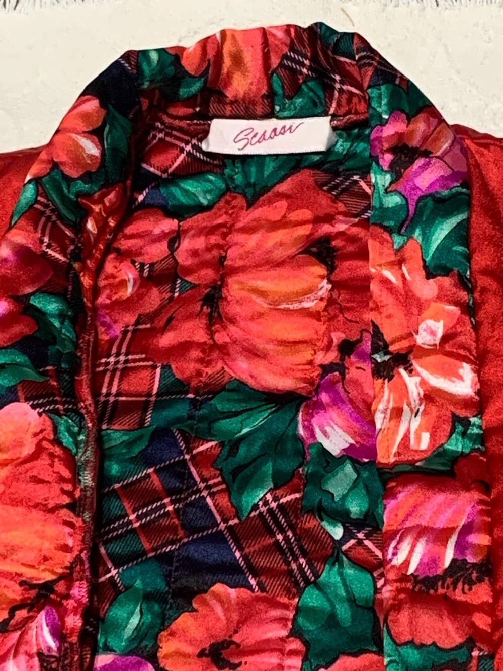 Vintage ‘Arnold Scassi’  Quilted Red Robe with Floral Plaid Interior